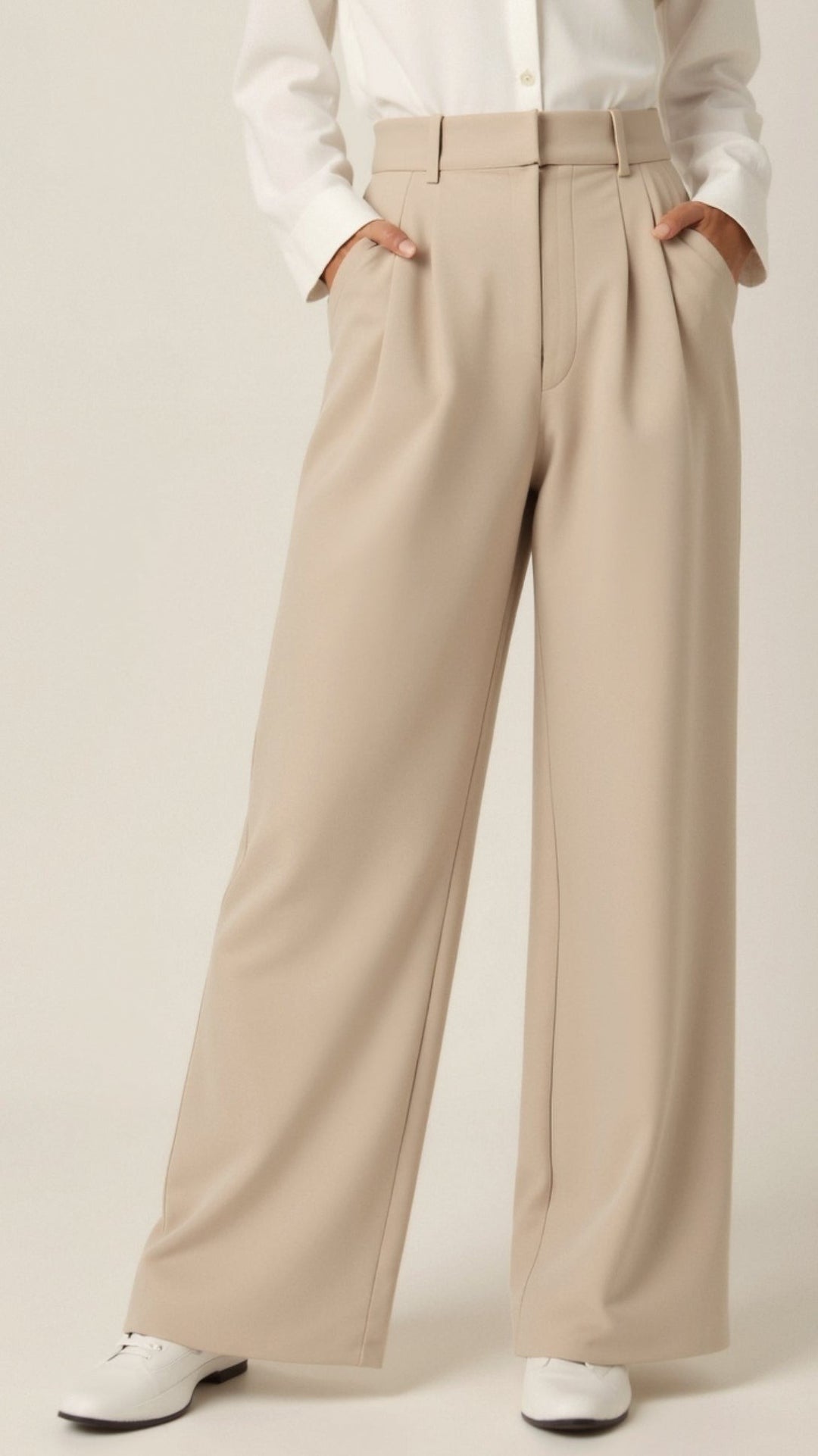 Women's High Waisted Wide Leg Pants with Pleats - Josephine - Beige