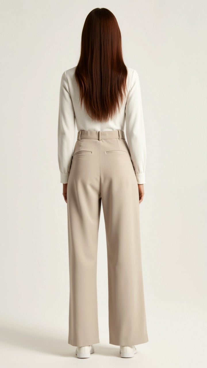 Women's High Waisted Wide Leg Pants with Pleats - Josephine - Beige