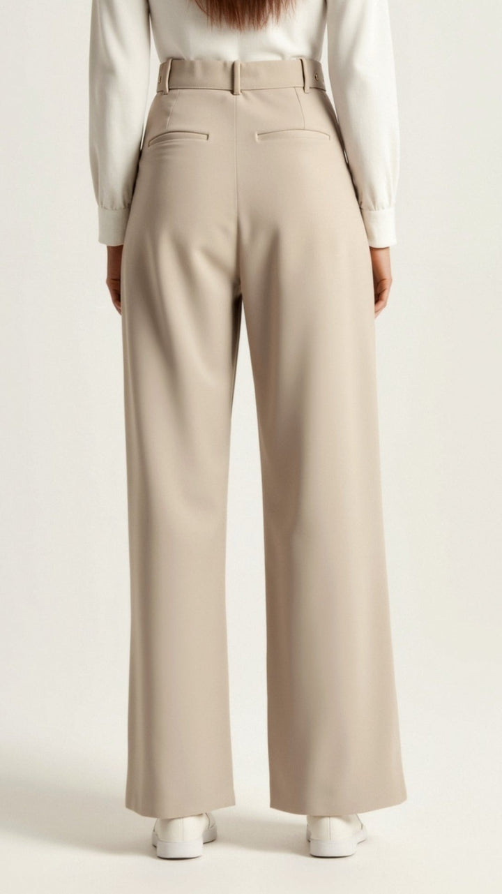 Women's High Waisted Wide Leg Pants with Pleats - Josephine - Beige