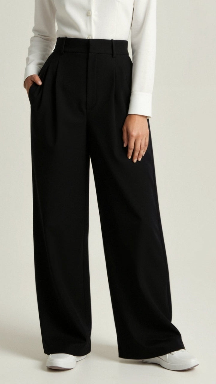 Women's High Waisted Wide Leg Pants with Pleats - Josephine - Black