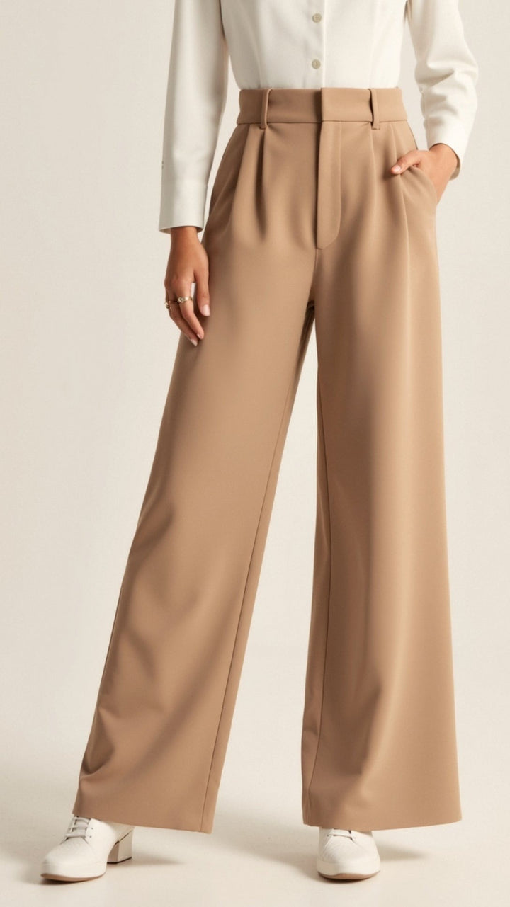 Women's High Waisted Wide Leg Pants with Pleats - Josephine - Camel