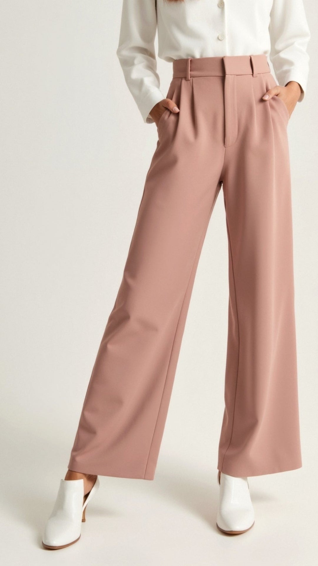 Women's High Waisted Wide Leg Pants with Pleats - Josephine - Dusty Pink