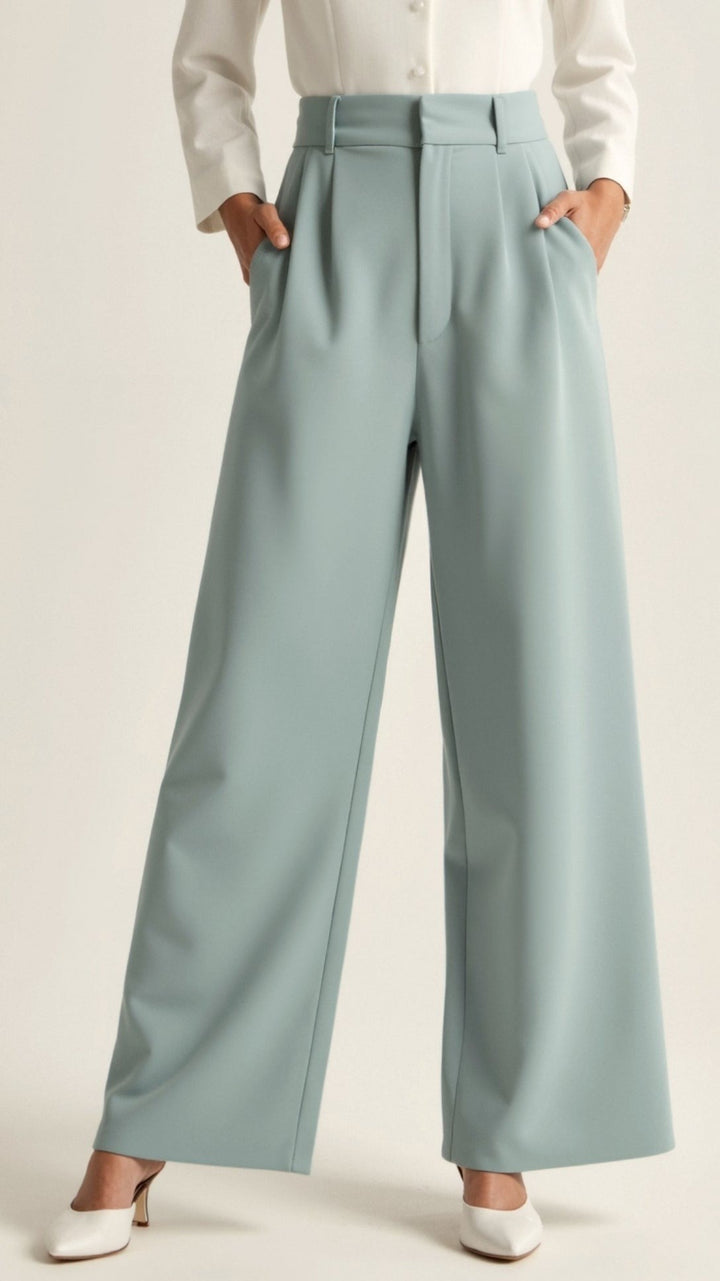Women's High Waisted Wide Leg Pants with Pleats - Josephine - Sage Blue