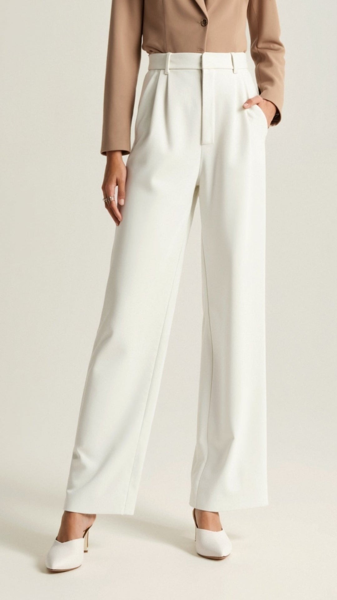 Women's High Waisted Wide Leg Pants with Pleats - Josephine - White
