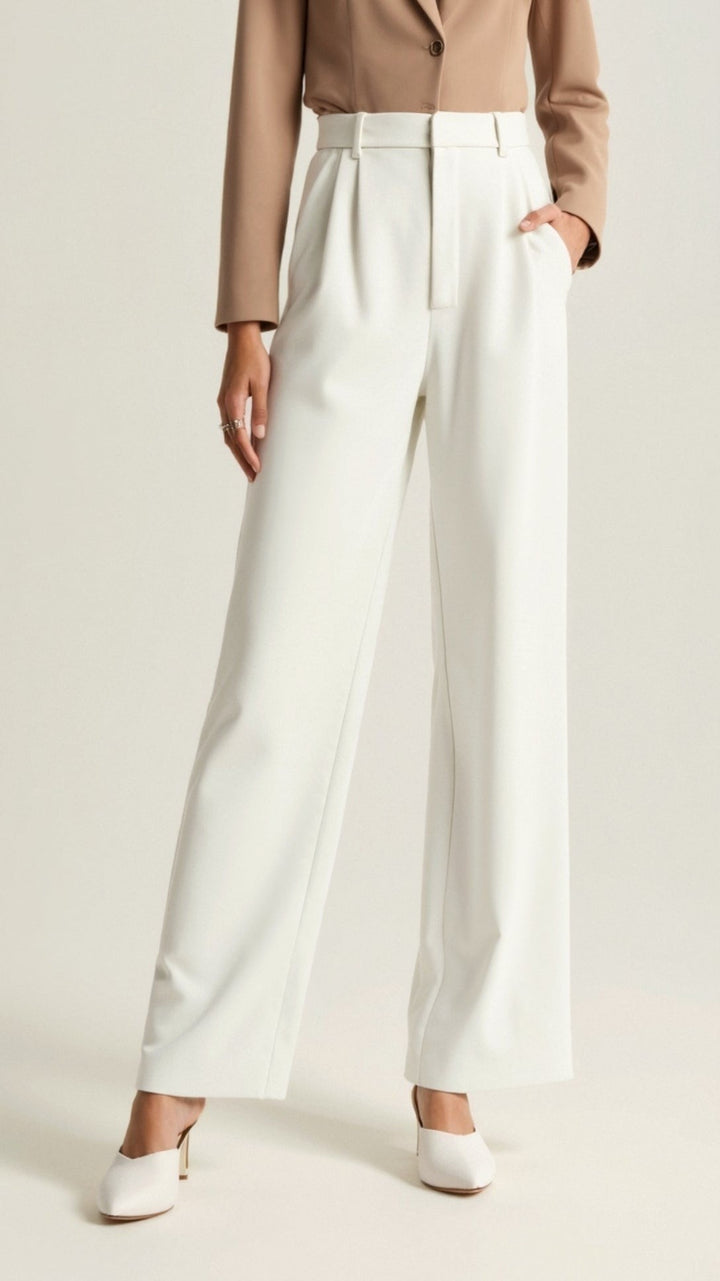 Women's High Waisted Wide Leg Pants with Pleats - Josephine - White