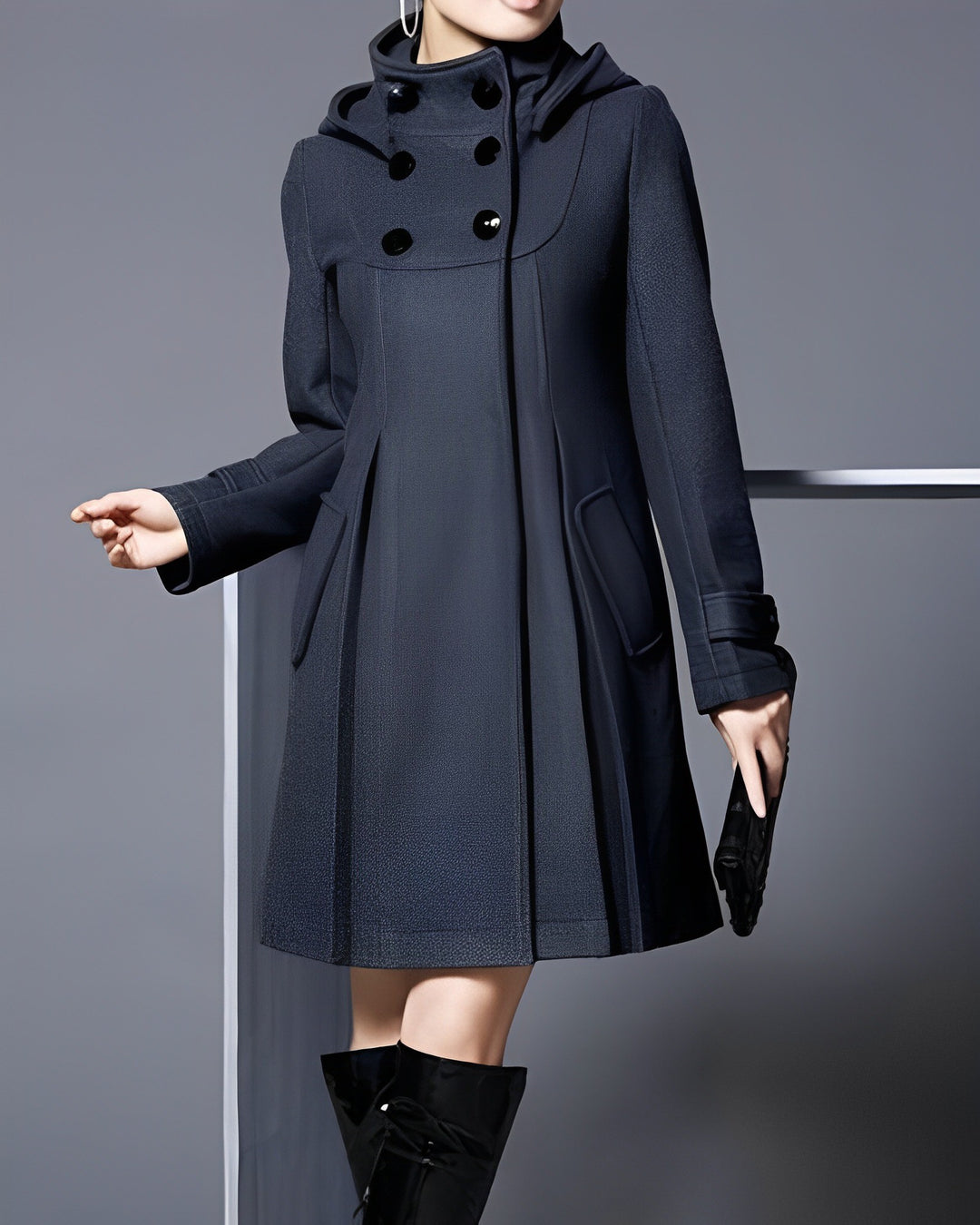 Women's Hooded A-Line Coat with Button Front - Jolie - Charcoal