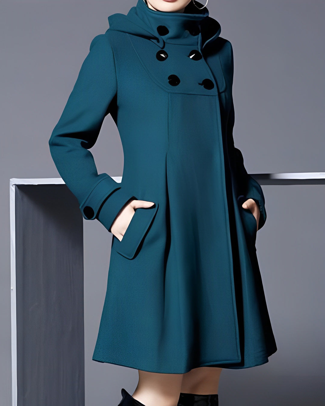 Women's Hooded A-Line Coat with Button Front - Jolie - Dark Teal