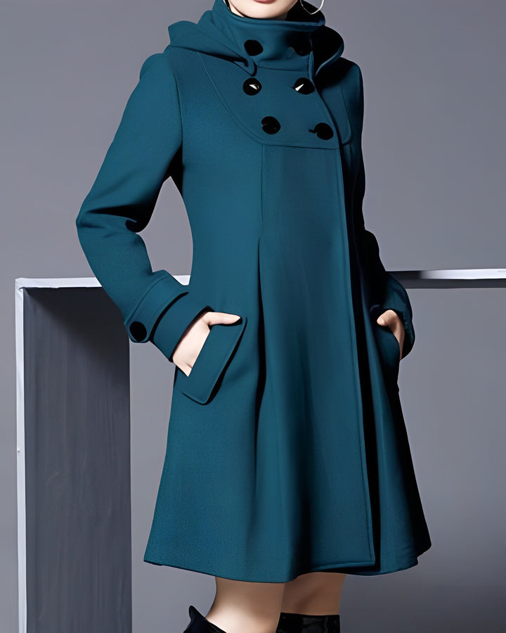 Women's Hooded A-Line Coat with Button Front - Jolie - Dark Teal