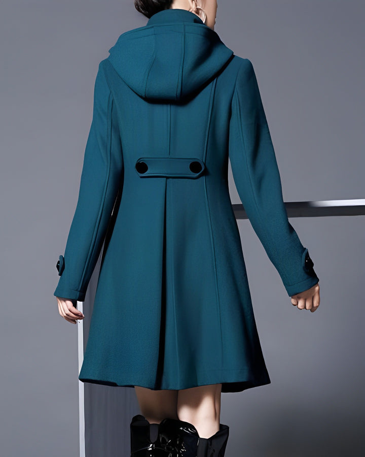 Women's Hooded A-Line Coat with Button Front - Jolie - Dark Teal