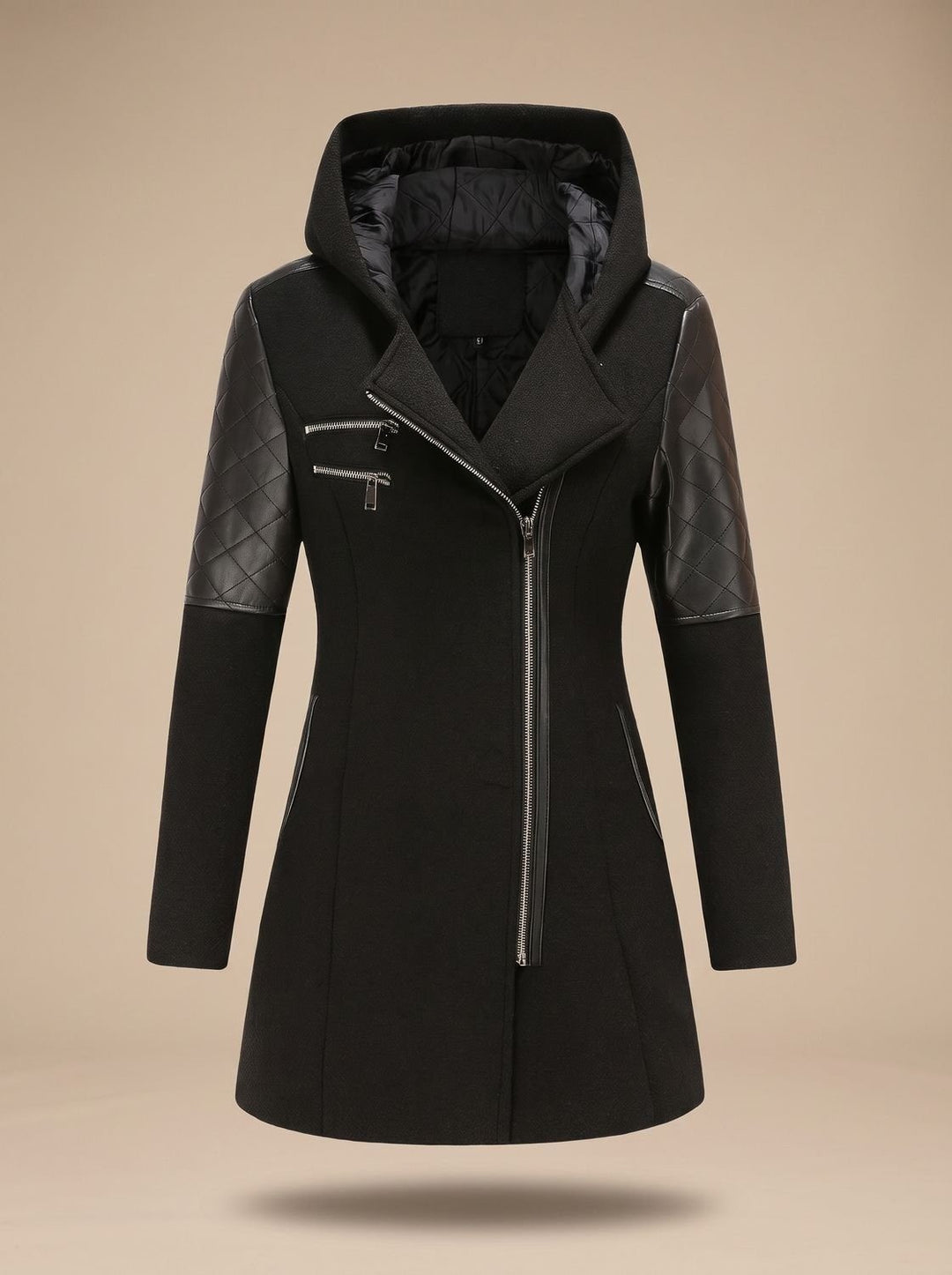 Women's Hooded Coat with Asymmetric Zip - Noelle - Black
