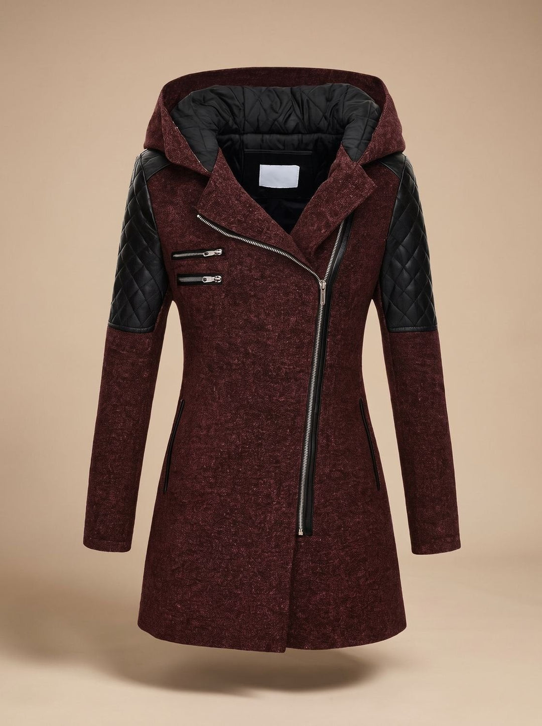 Women's Hooded Coat with Asymmetric Zip - Noelle - Burgundy