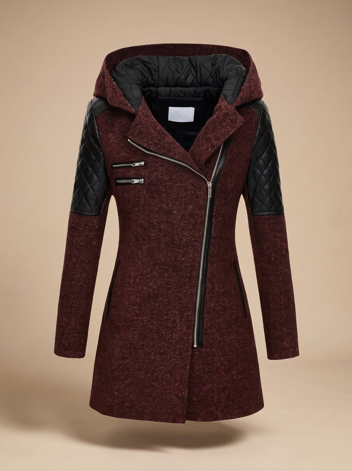 Women's Hooded Coat with Asymmetric Zip - Noelle - Burgundy