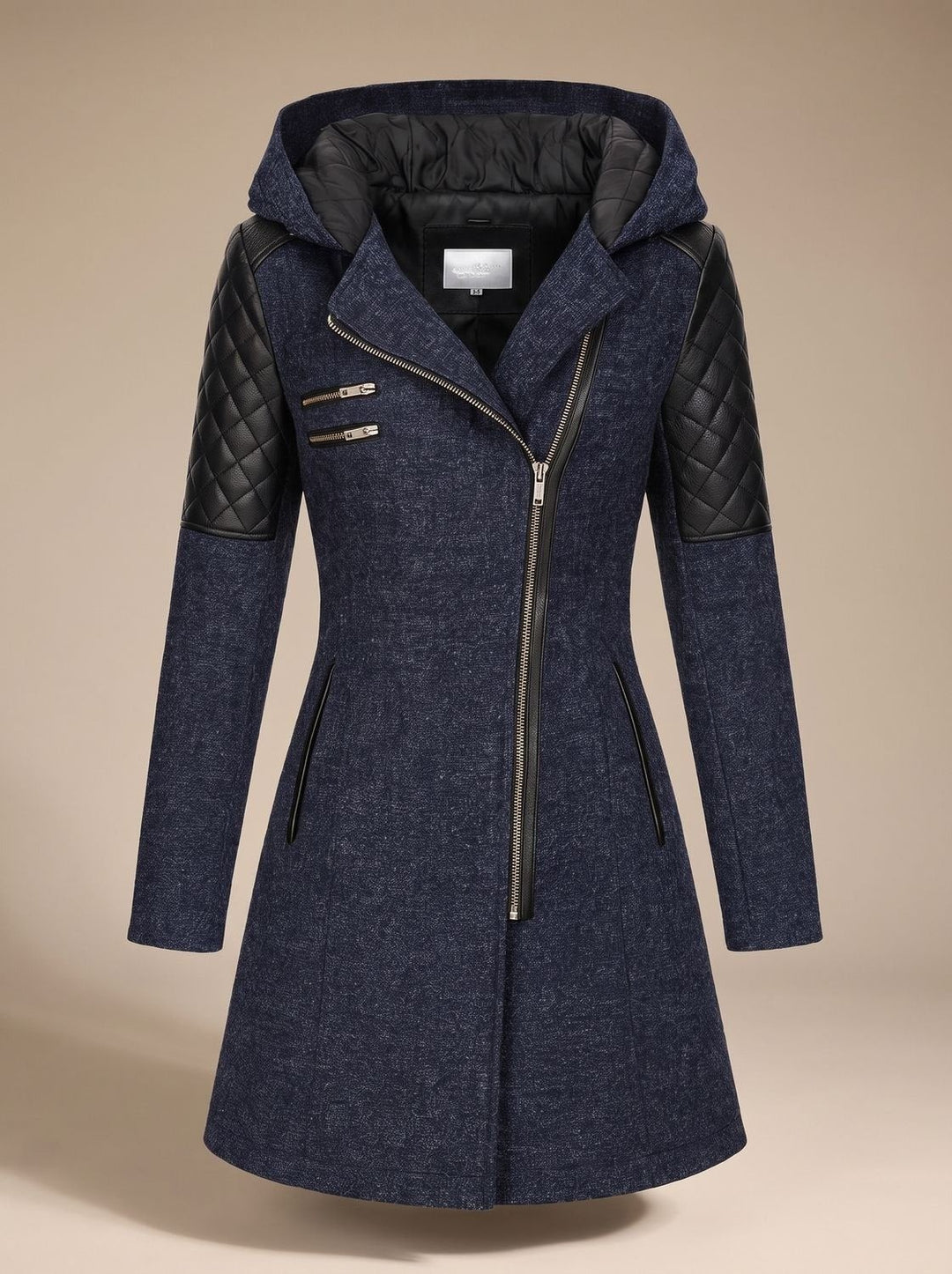 Women's Hooded Coat with Asymmetric Zip - Noelle - Navy