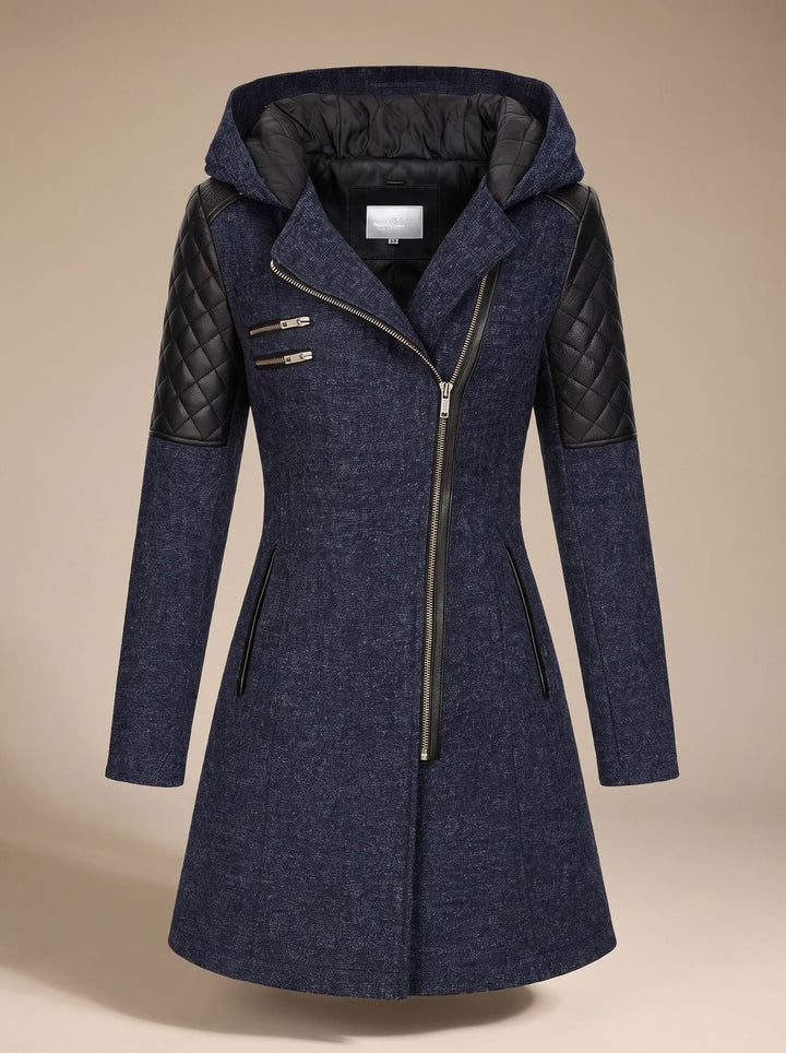 Women's Hooded Coat with Asymmetric Zip - Noelle - Navy