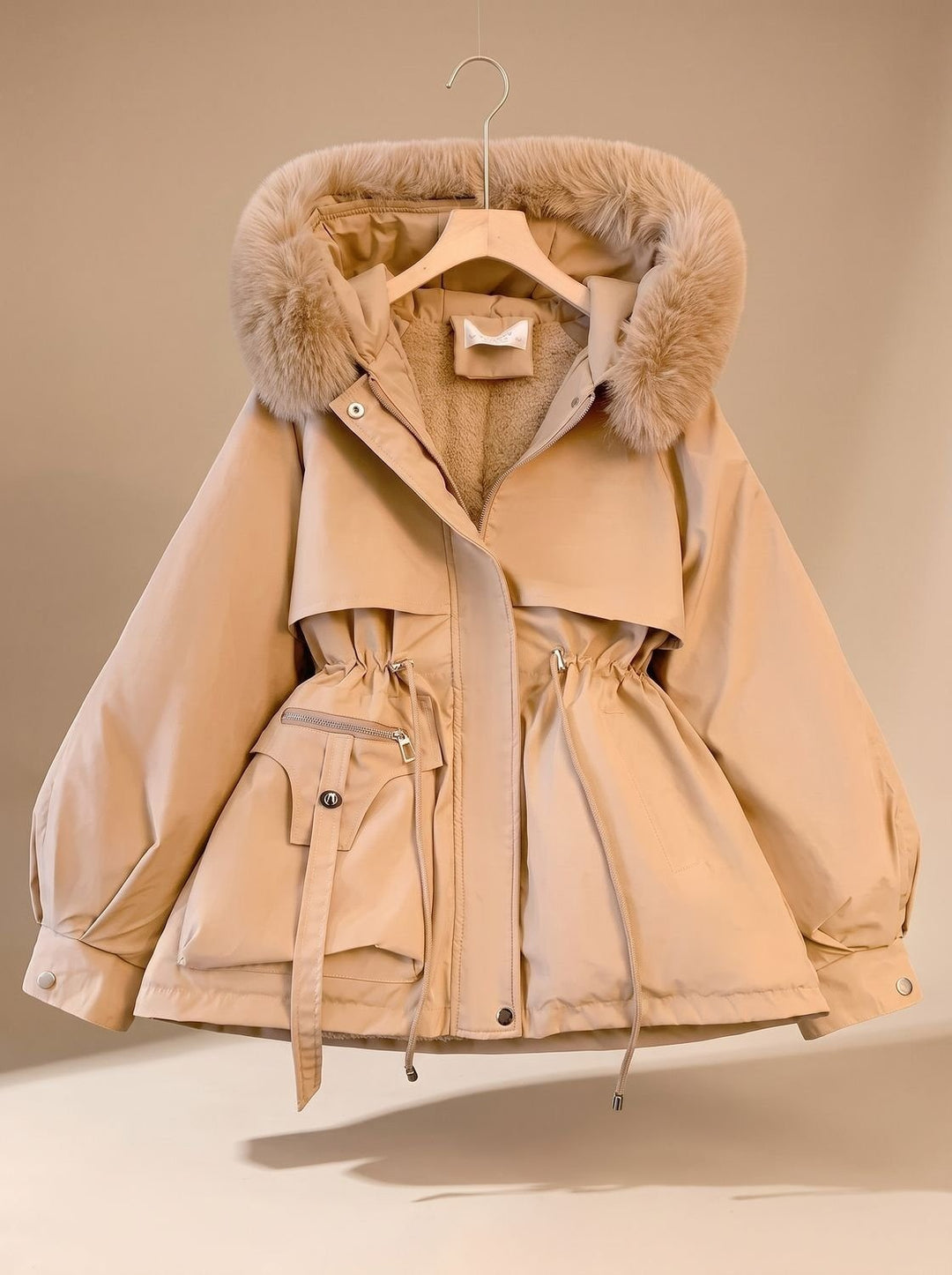 Women's Hooded Parka with Faux Fur Trim - Una - Beige