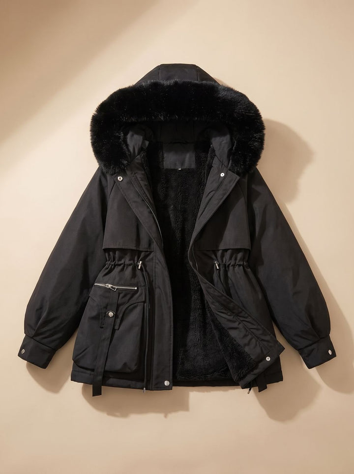 Women's Hooded Parka with Faux Fur Trim - Una - Black