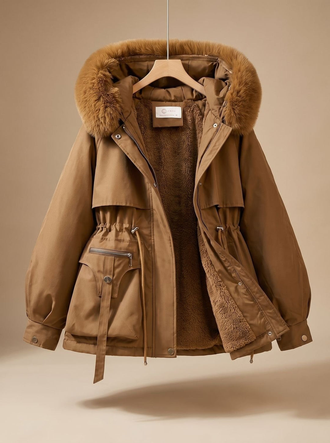 Women's Hooded Parka with Faux Fur Trim - Una - Brown