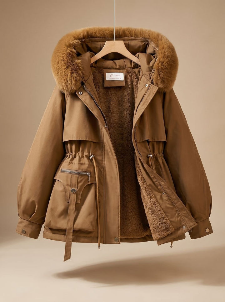 Women's Hooded Parka with Faux Fur Trim - Una - Brown