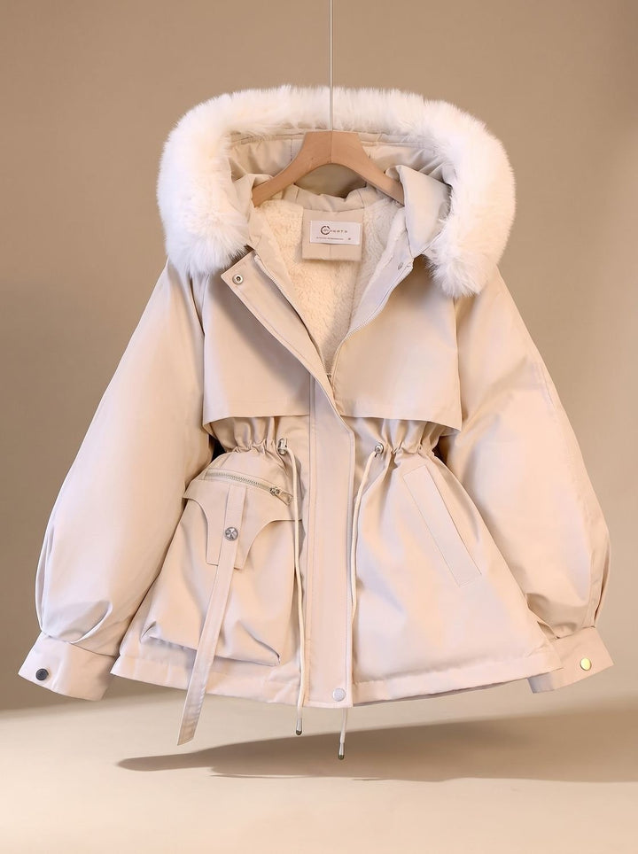 Women's Hooded Parka with Faux Fur Trim - Una - Ivory