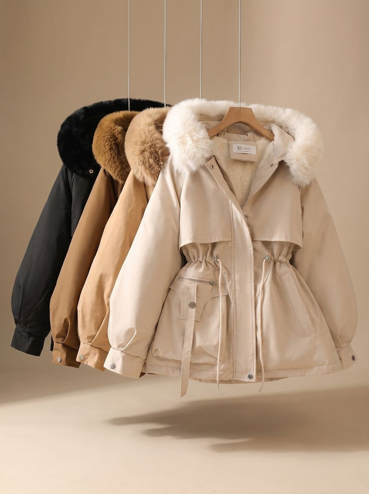 Women's Hooded Parka with Faux Fur Trim - Una - Ivory