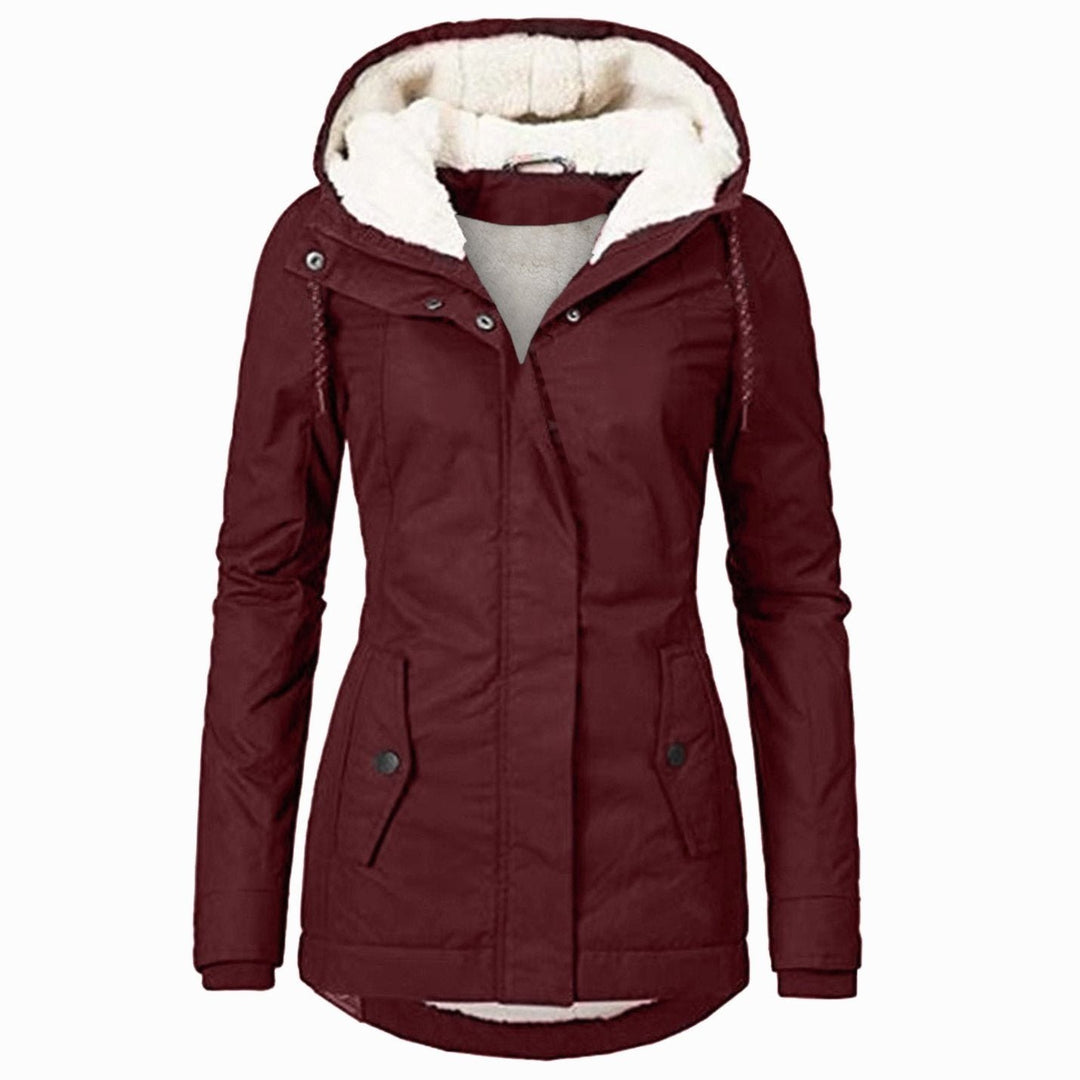 Women's Hooded Parka with Fleece Lining - Olive - Burgundy