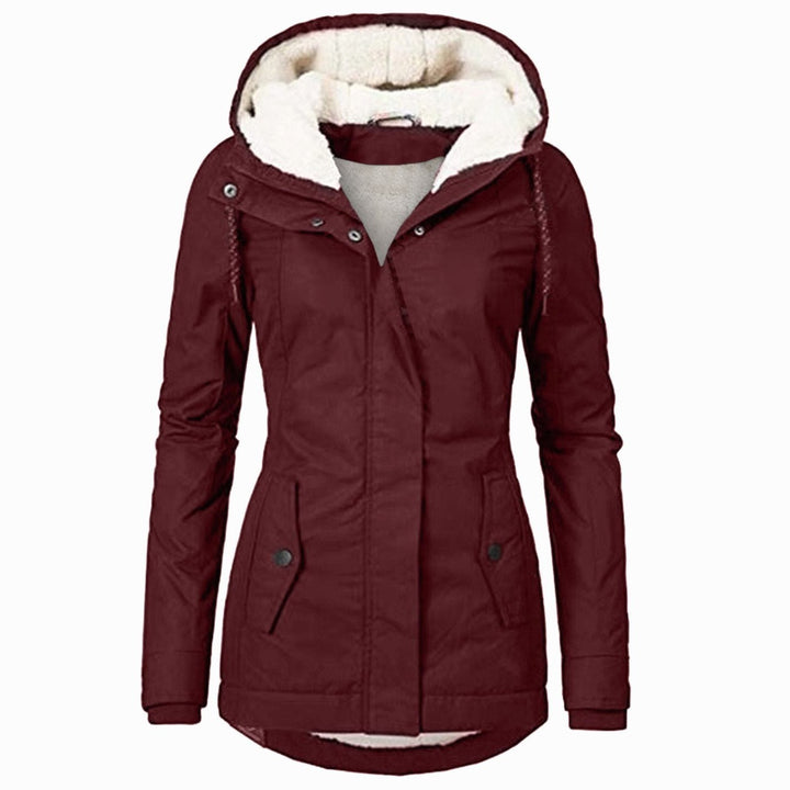 Women's Hooded Parka with Fleece Lining - Olive - Burgundy