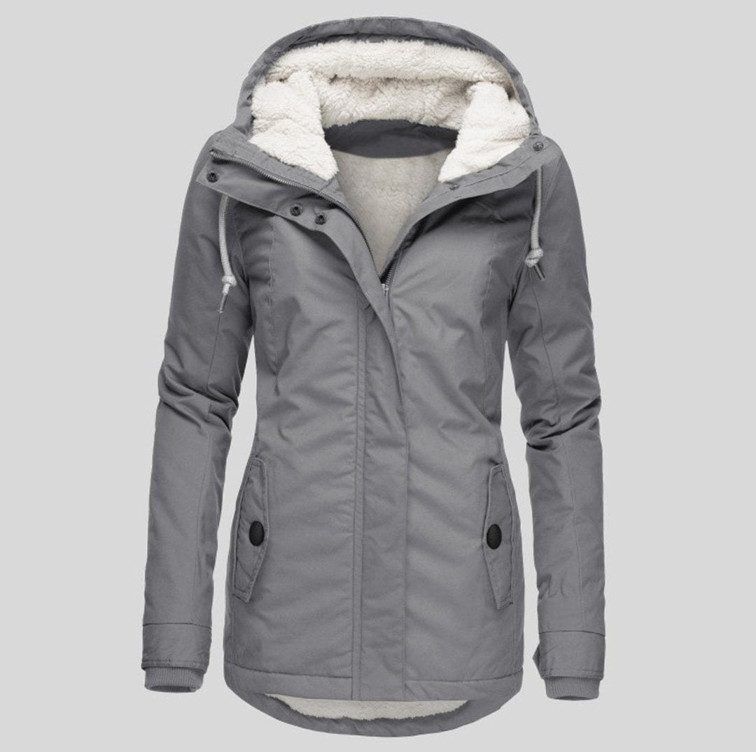 Women's Hooded Parka with Fleece Lining - Olive - Gray