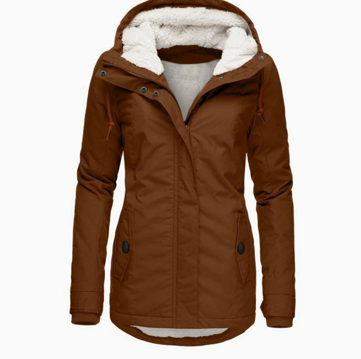Women's Hooded Parka with Fleece Lining - Olive - Rust Brown