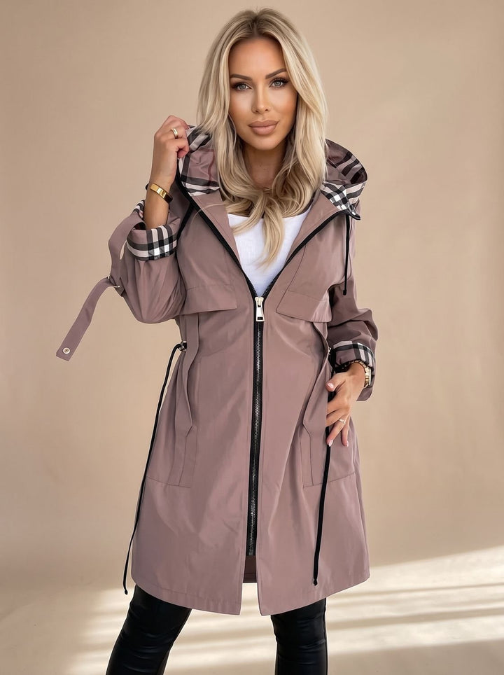 Women's Belted Trench Coat with Hood - Clara - Mocha