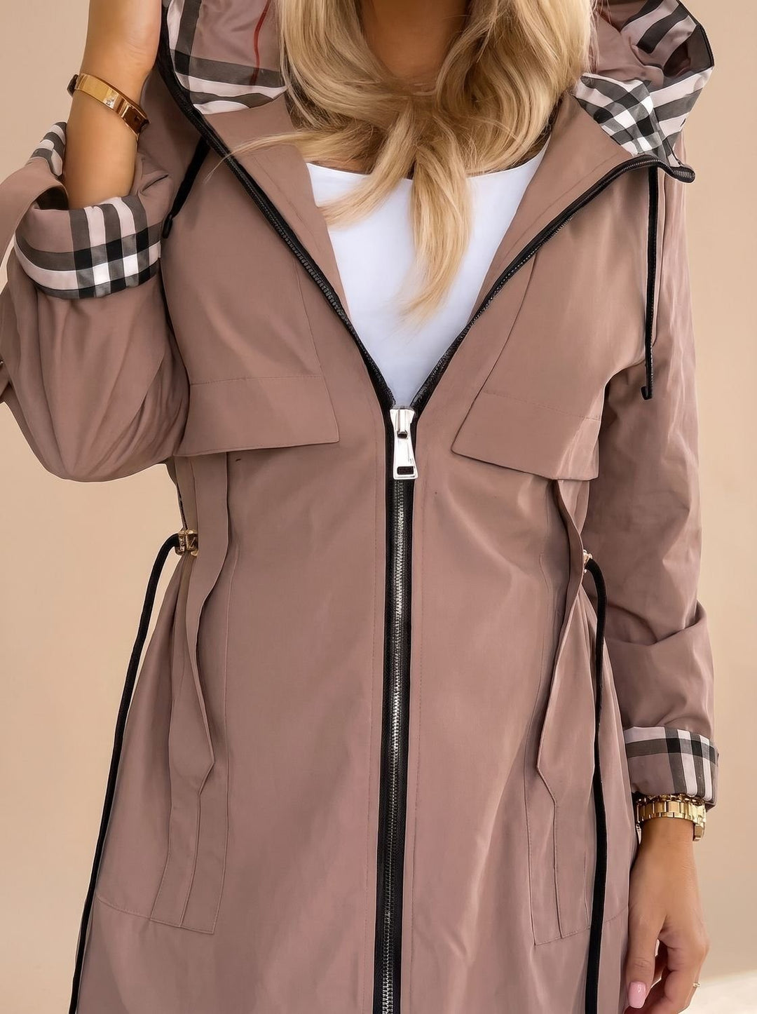 Women's Belted Trench Coat with Hood - Clara - Mocha