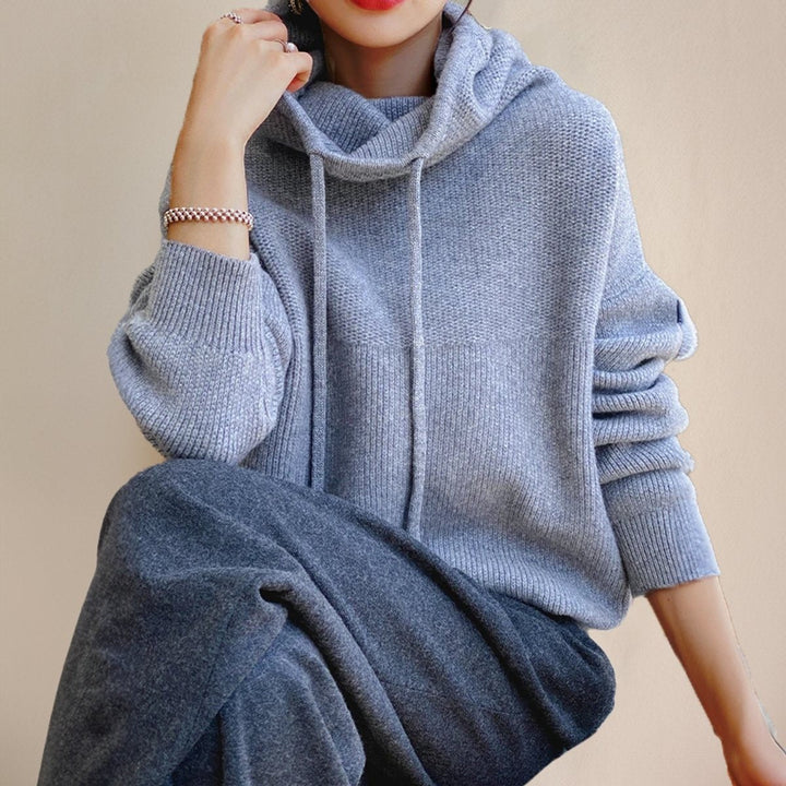Women's Hooded Turtleneck Sweater with Drawstring - Tove - Gray