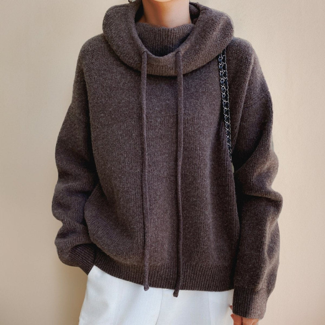 Women's Hooded Turtleneck Sweater with Drawstring - Tove - Mocha