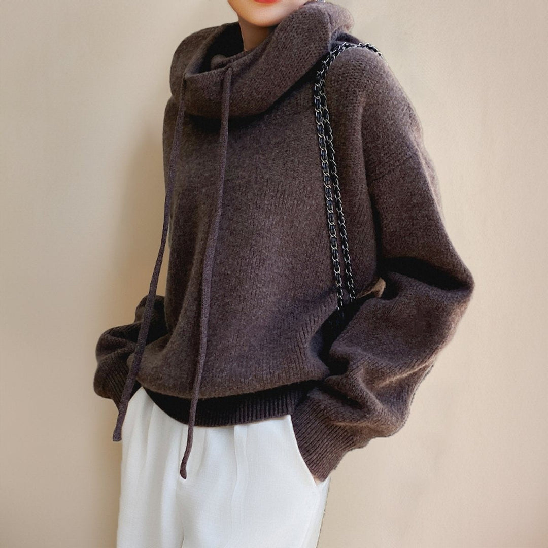 Women's Hooded Turtleneck Sweater with Drawstring - Tove - Mocha