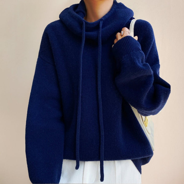 Women's Hooded Turtleneck Sweater with Drawstring - Tove - Navy