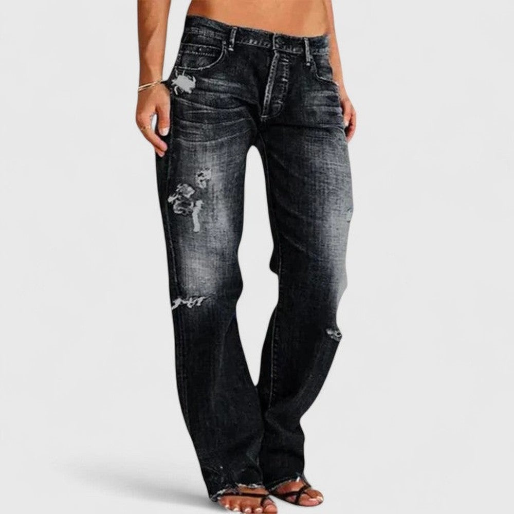 Women's Straight Leg Distressed Jeans - Elise - Black