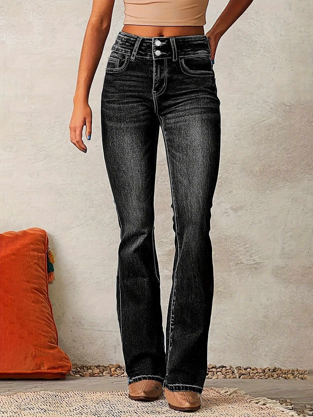 Women's High Waisted Bootcut Jeans with Double Button - Nora - Black