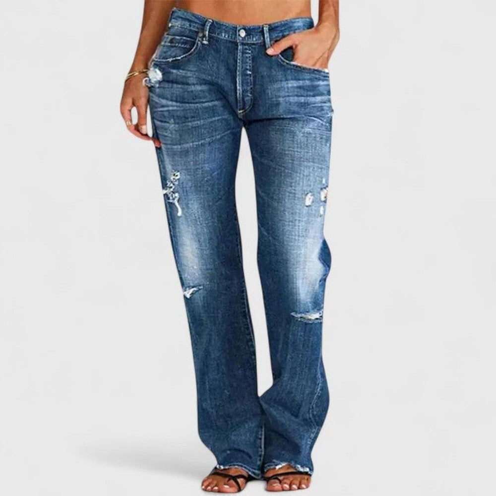 Women's Straight Leg Distressed Jeans - Elise - Dark Blue