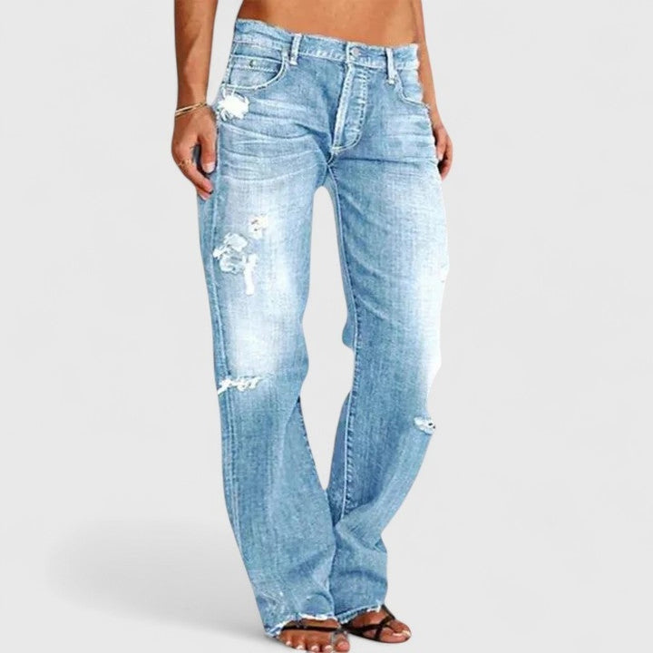 Women's Straight Leg Distressed Jeans - Elise - Light Blue