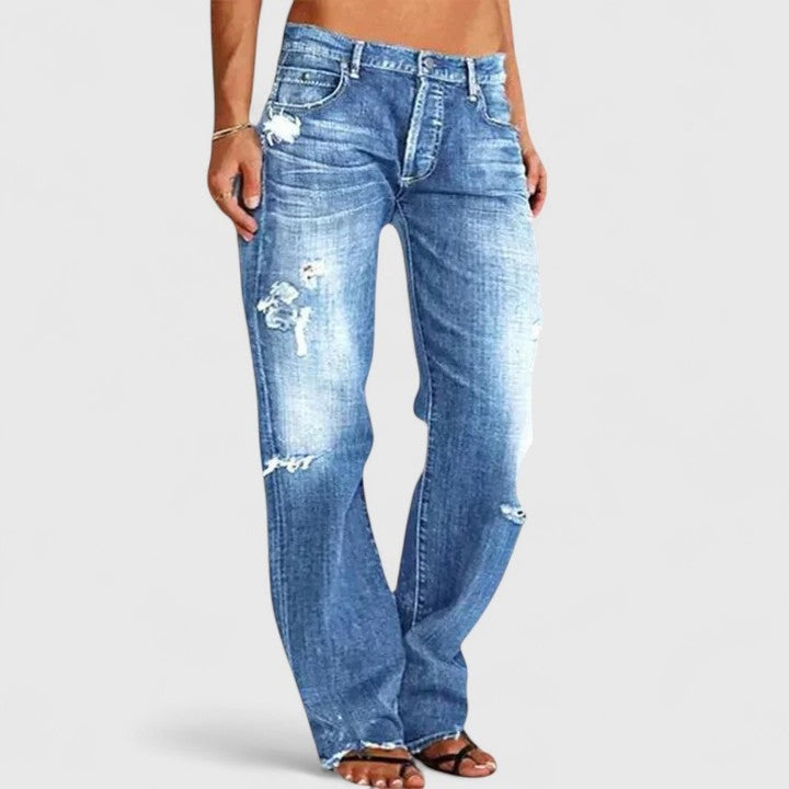 Women's Straight Leg Distressed Jeans - Elise - Medium Blue