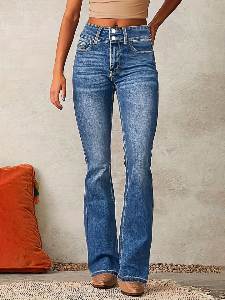 Women's High Waisted Bootcut Jeans with Double Button - Nora - Medium Blue