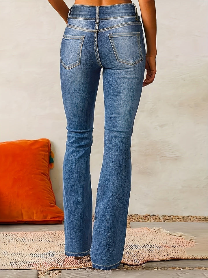 Women's High Waisted Bootcut Jeans with Double Button - Nora - Medium Blue
