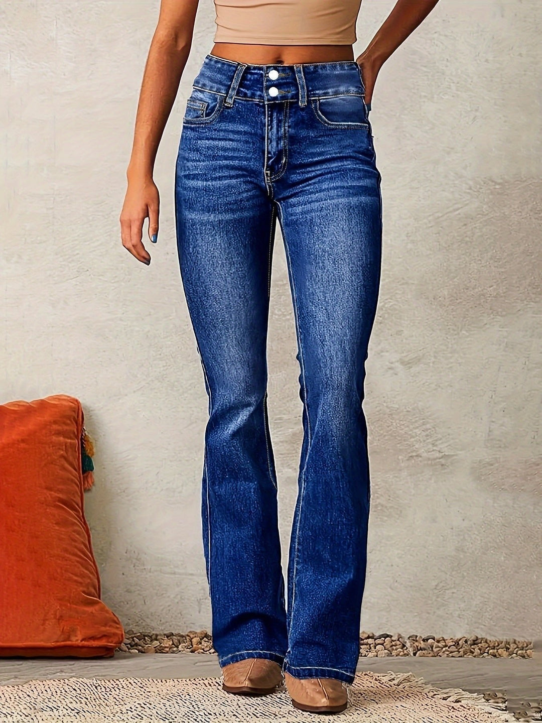 Women's High Waisted Bootcut Jeans with Double Button - Nora - Navy