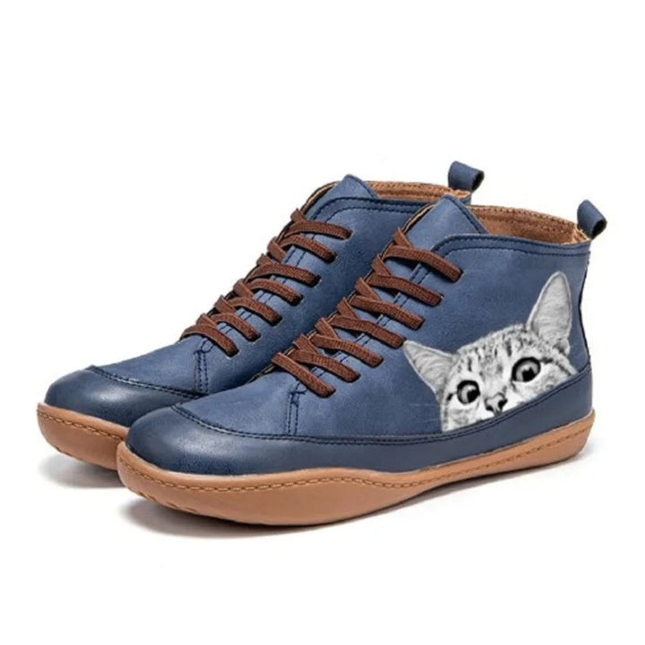 Women's Lace Up Ankle Boots with Cat Print - Willa - Blue