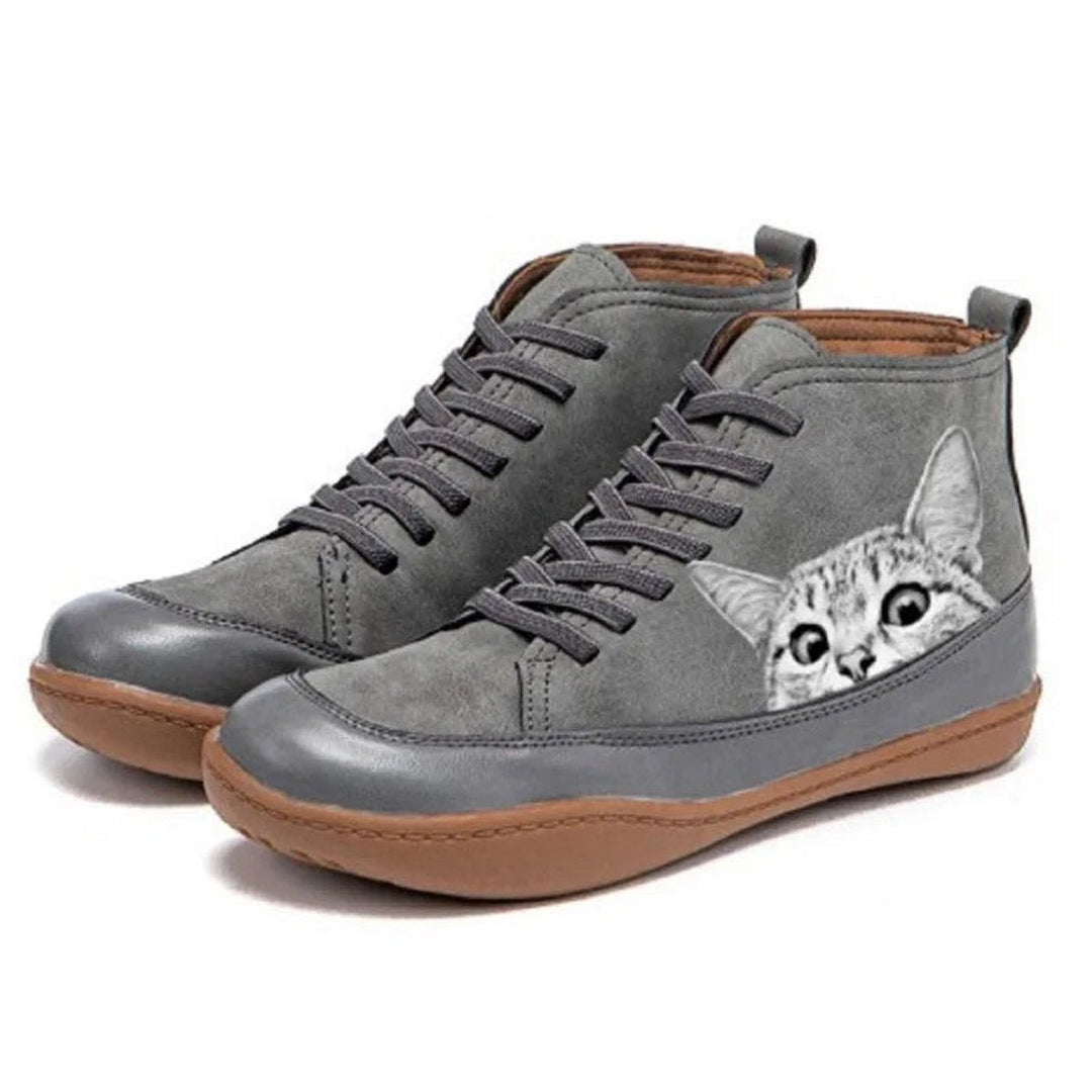 Women's Lace Up Ankle Boots with Cat Print - Willa - Gray