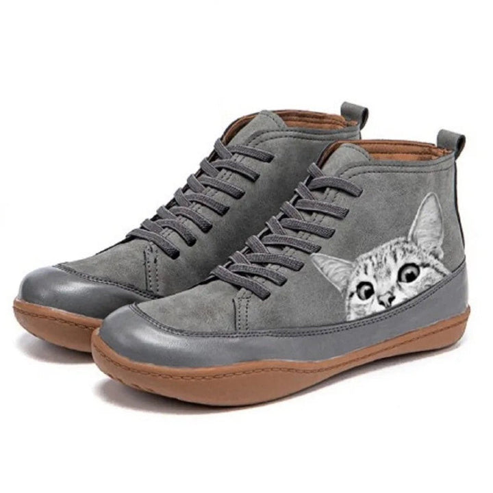 Women's Lace Up Ankle Boots with Cat Print - Willa - Gray