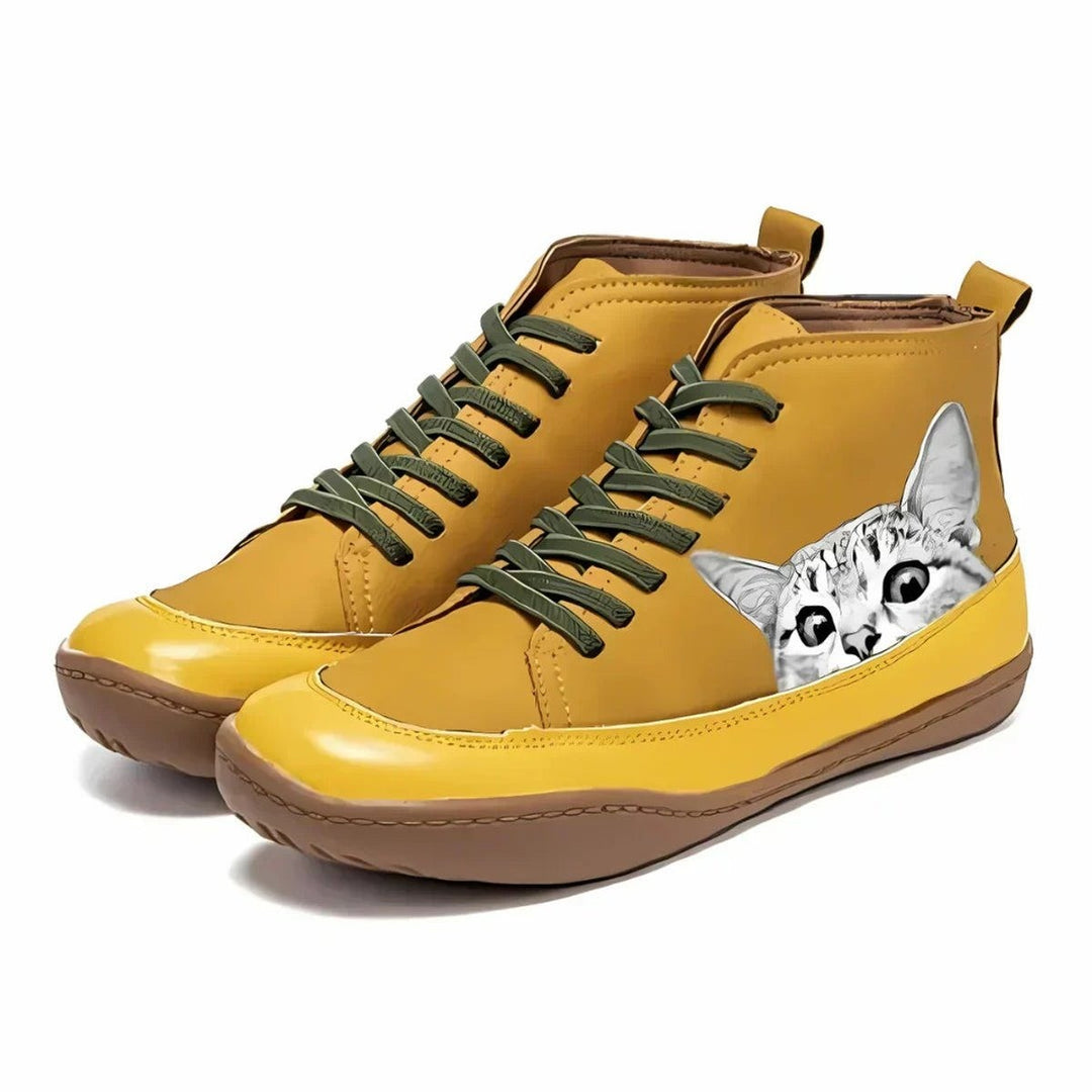 Women's Lace Up Ankle Boots with Cat Print - Willa - Mustard