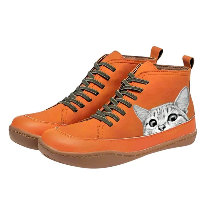 Women's Lace Up Ankle Boots with Cat Print - Willa - Orange