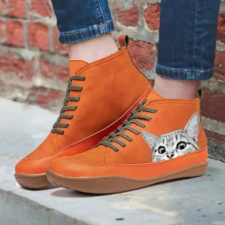 Women's Lace Up Ankle Boots with Cat Print - Willa - Orange