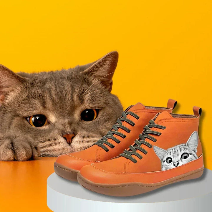 Women's Lace Up Ankle Boots with Cat Print - Willa - Orange
