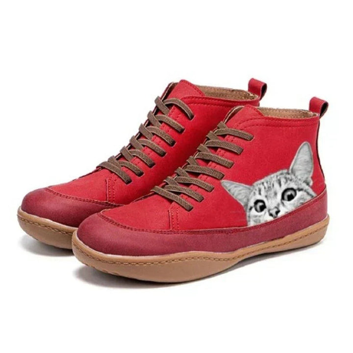 Women's Lace Up Ankle Boots with Cat Print - Willa - Red